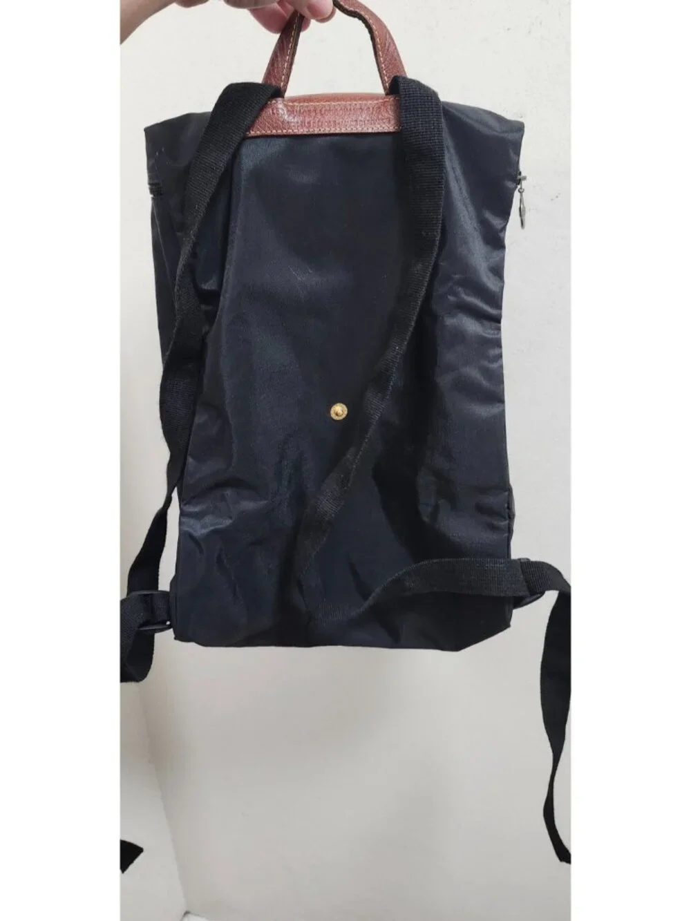 Longchamp Le Pliage Backpack Black Nylon Brown Leather Foldable NWOT